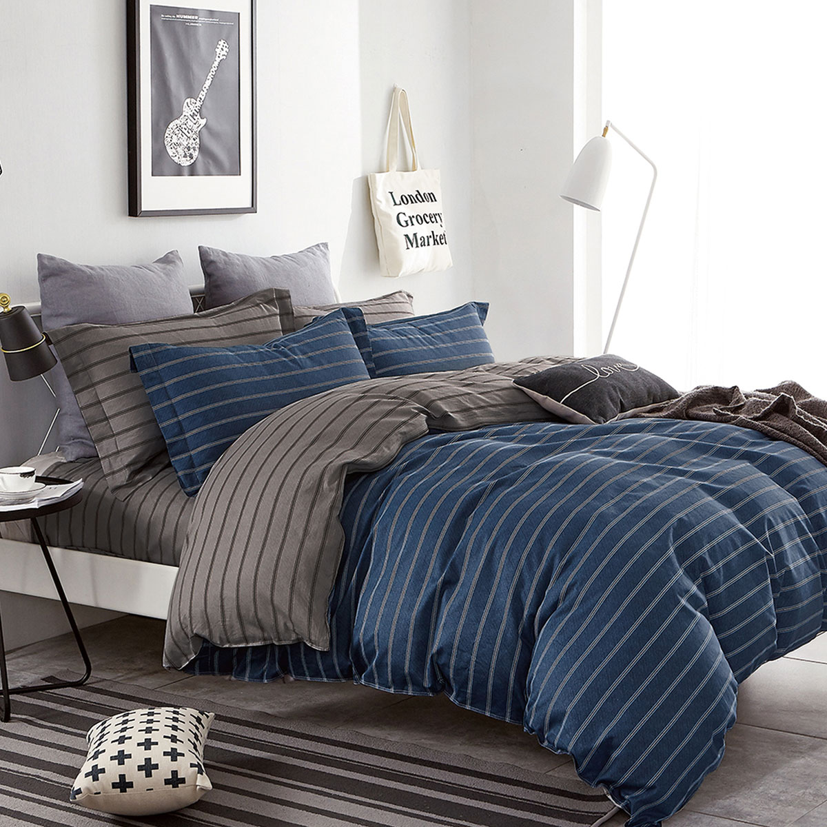 V442-INT-QUILTCS-250TCOLIVER-NAVY-KI-159146-00 Ardor 250TC Oliver Stripes Cotton Sateen Quilt Cover Set King - Image 1