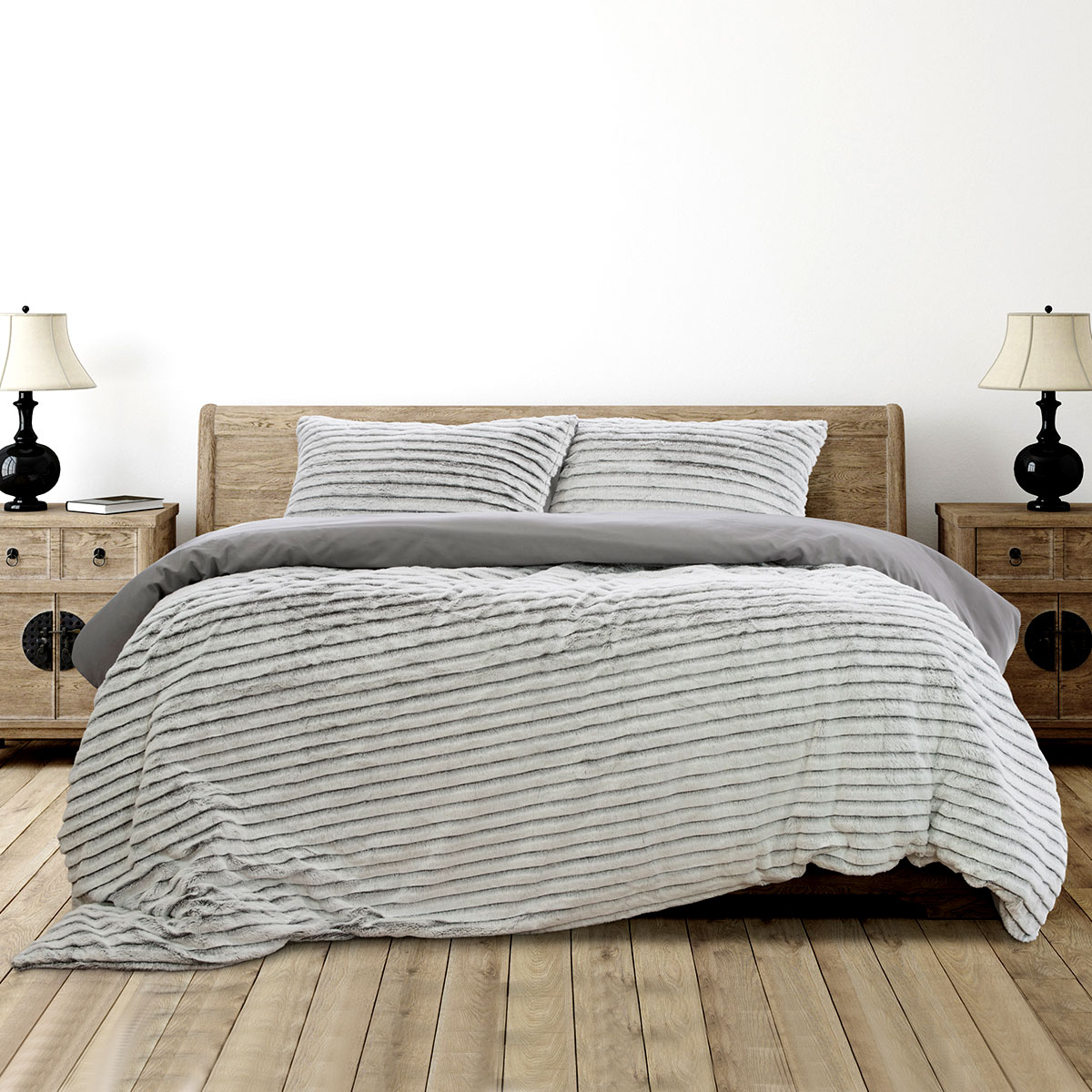 V442-INT-QUILTCS-STRIPEDFAUXFUR-GREY-QS-144566-00 Ardor Striped Faux Fur Grey Super Soft Quilt Cover Set Queen - Image 1