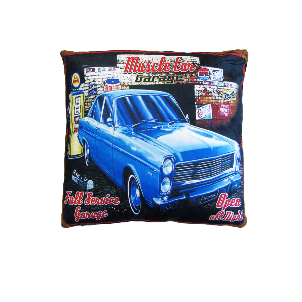 V442-JTC-CUSHION-MUSCLECARGARAGE-BLUE-SQ-145770-00 Australian Mancave Retro Cushion Muscle Car Garage 40 x 40 cm - Image 1