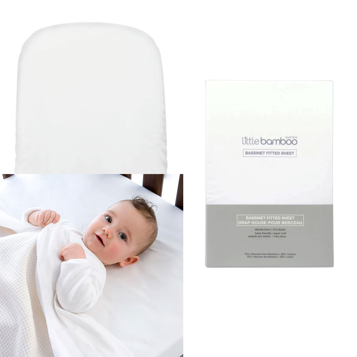 V442-JTC-FITTEDS-BAMBOOPRAMBASKET-WHITE-BASS-159154-00 Little Bamboo Fitted Sheet Pram/Moses Basket 72x35x10cm - Image 1