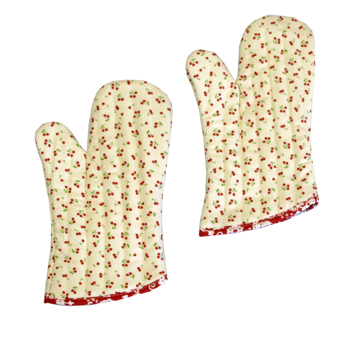 V442-JTC-OVENM-CHERRIES2OVENMITT-CREAM-SQ-185239-00 Set of 2 100% Cotton Printed Oven Mitts 34 x 15 cm Cream Cherries - Image 1