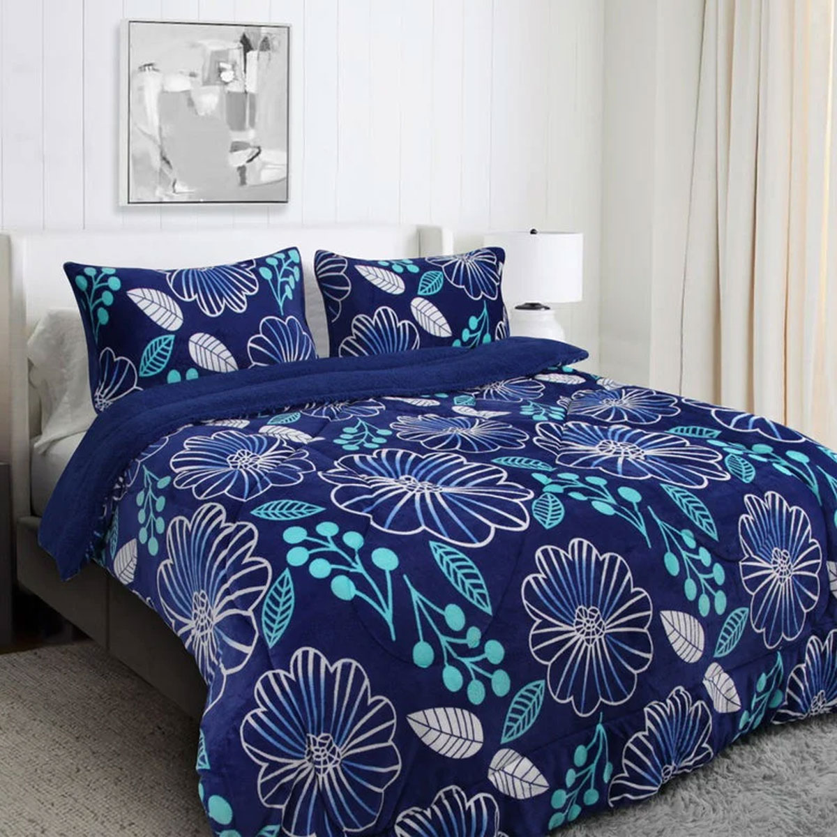 V442-KIT-BLANKET-SHERPAFLOWER-BLUE-QS-173593-00 Ramesses Blue Flower Printed Sherpa Flannel Fleece Reversible Blanket Set Queen/King - Image 1