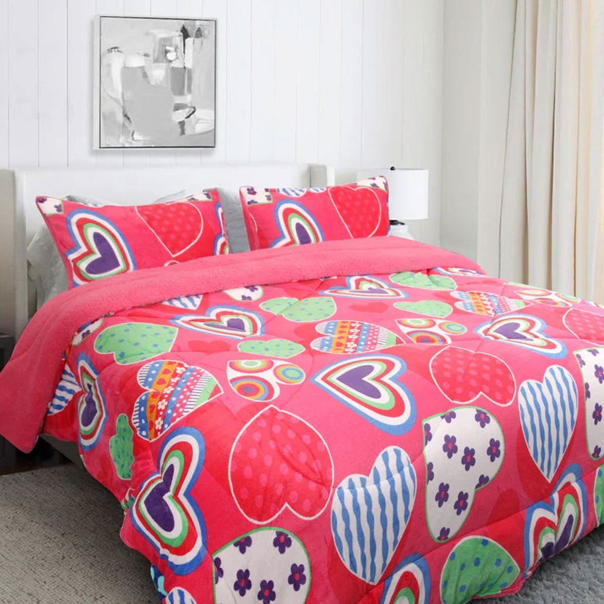 V442-KIT-BLANKET-SHERPAHEART-PINK-DS-173592-00 Ramesses Pink Heart Printed Sherpa Flannel Fleece Reversible Blanket Set Single/Double - Image 1