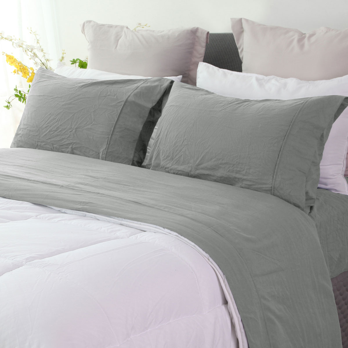 V442-KIT-SHEETS-PEBBLEWASHLINEN-CHARCOAL-KI-202503241625-00 Ramesses Charcoal Pebble Wash Linen Look Alternative Sheet Set King - Image 1