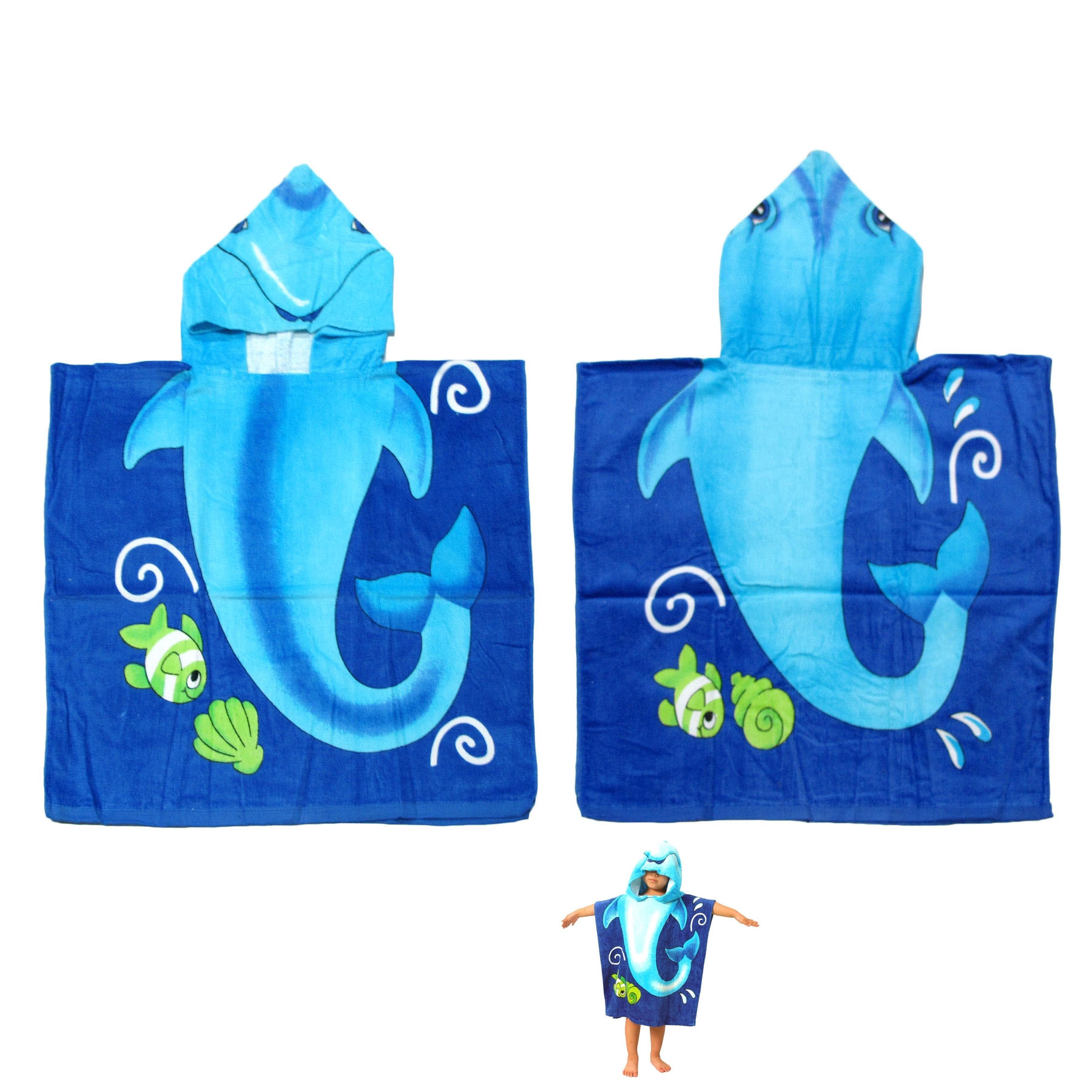 V442-KIT-TOWEL-HOODEDDOLPHIN-BLUE-SH-145681-00 Cute Kids Cotton Hooded Towel Poncho 60 x 120 cm Dolphin - Image 1