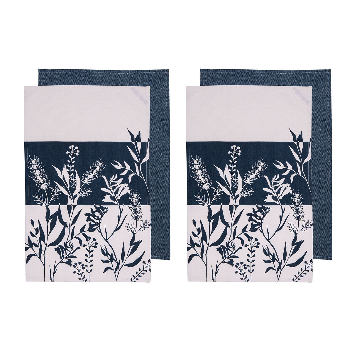 V442-LDE-TEAT-HOMESPUNFLOWERSETOF4-DENIM-RE-77991-00 Ladelle Set of 4 Homespun Flower Cotton Kitchen Tea Towels 50 x 70 cm Denim - Image 1