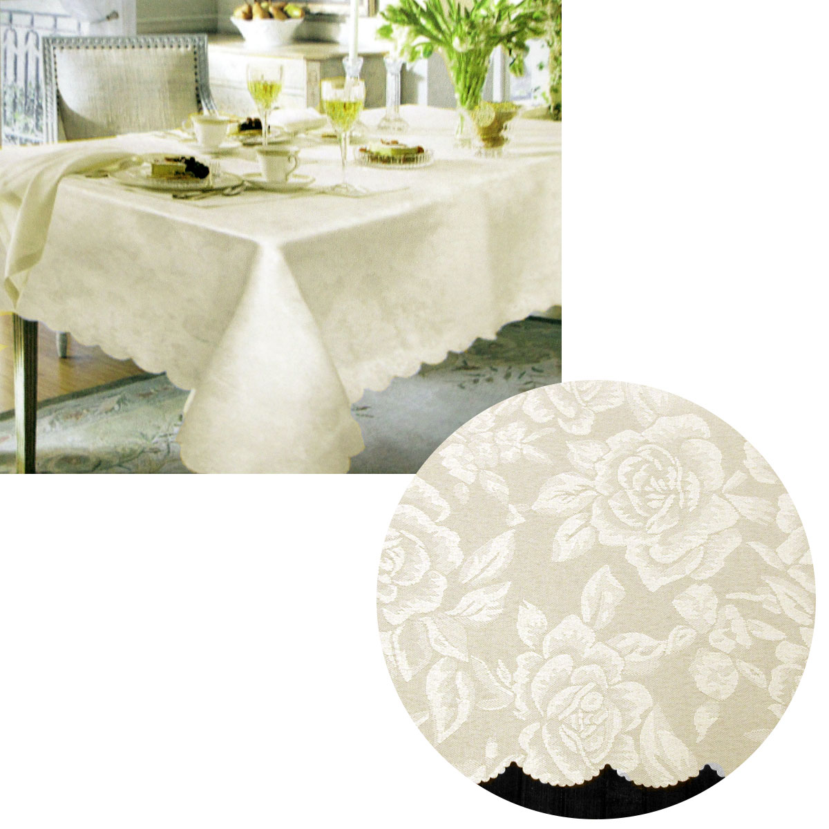 V442-LYL-TABLEC-JACQDAMASK220-CREAM-RE-189774-00 Jacquard Damask Design with Scalloped Edging Table Cloth Cream 150 x 220 cm - Image 1