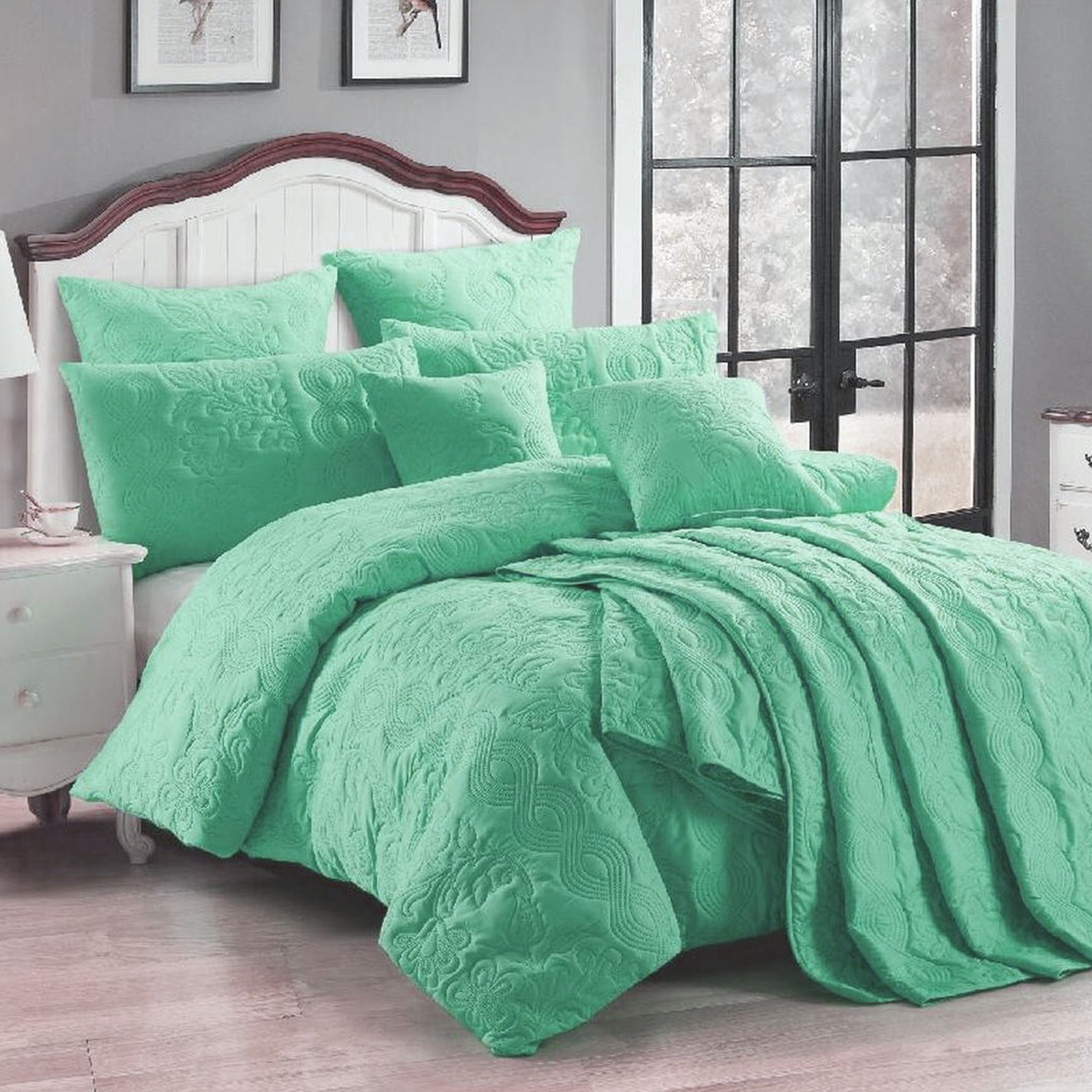V442-MFL-QUILTCS-MARGUERITE-WAVEGREEN-SK-213270-00 Georges Fine Linens Marguerite Quilt Cover Set Wave Green - Super King - Image 1