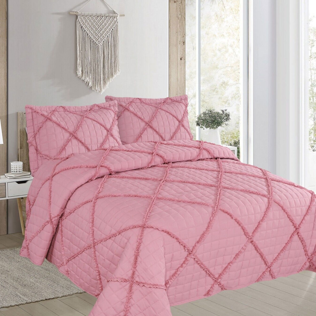V442-STT-COVERLET-BEVERLEY-PINK-QS-209145-00 Beverley Pink 3 Pce Lightly Quilted Polyester Cotton Coverlet Set Queen - Image 1