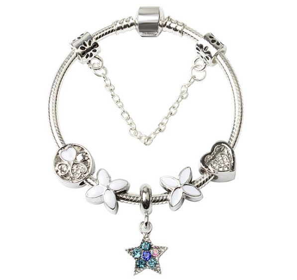 V462-F-11-01-101744-00 Women Silver Plated Bracelet Snake Chain with Classic Bead Barrel Clasp and Blue Star Pendant(18cm) - Image 1