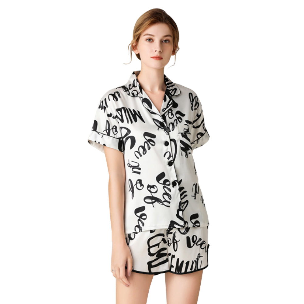 V462-F-47-02-95898-00 Woman Sleepwear Home Wear Short Sleeve Sweet Girl White Text Casual Pajamas (L Size) - Image 1