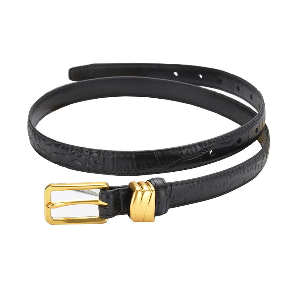 V462-FB-93-01-97375-00 Genuine leather with Crocodile pattern pin buckle thin belt jeans belt for women (Black) - Image 1