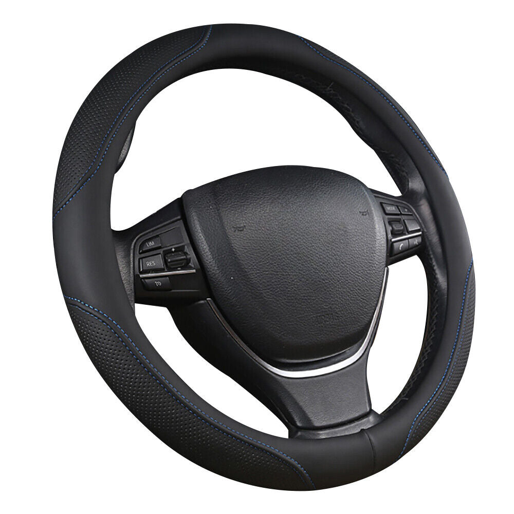 V462-TA-84-02-202504281615-00 Universal Luxury Car 37-38cm Steering Wheel Cover PU Leather Non-slip Breathable (Black-blue) - Image 1
