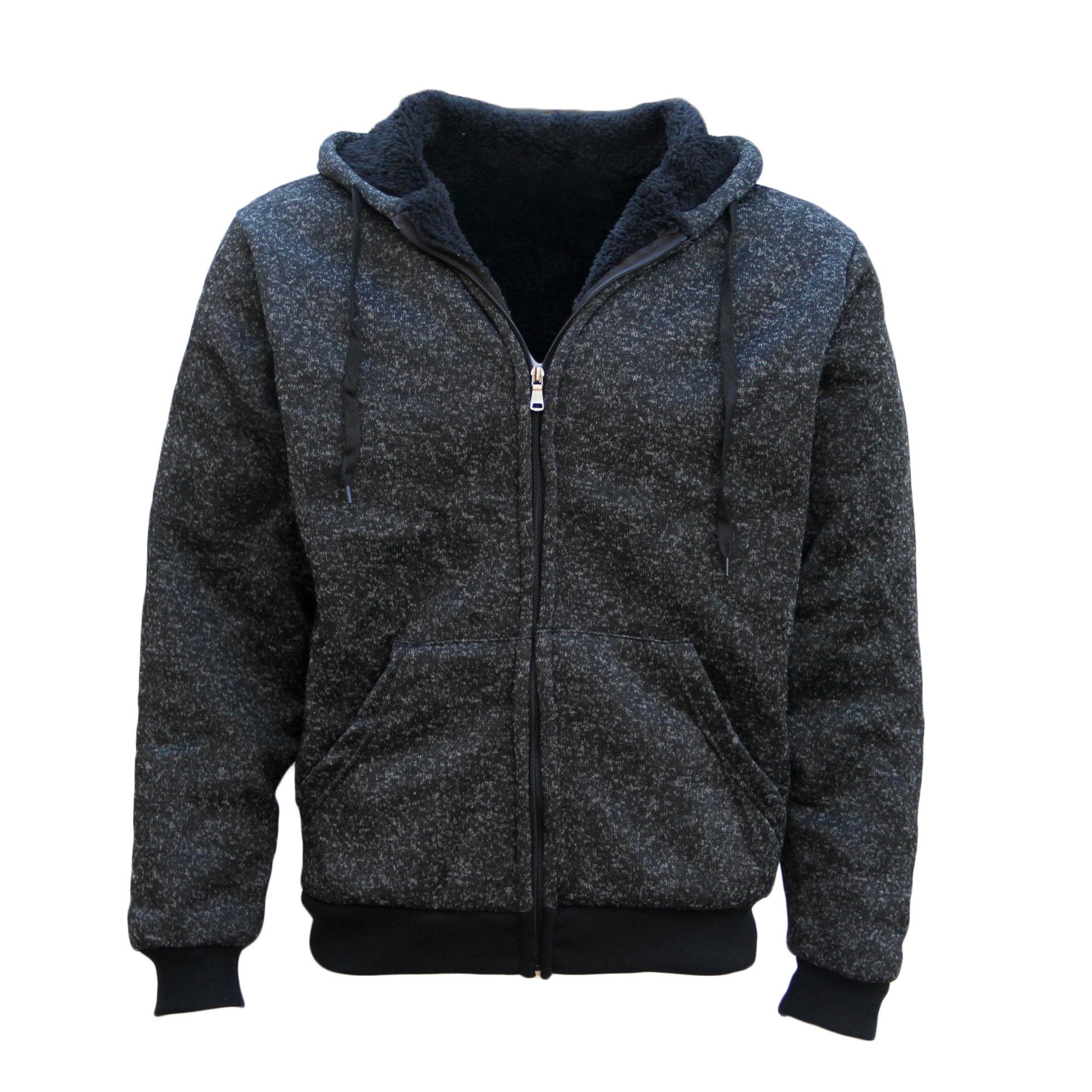 V474-216168-103917-00 Men's Thick Zip Up Hooded Hoodie w Winter Sherpa Fur Jumper Coat Jacket Sweater, Black, XL - Image 1