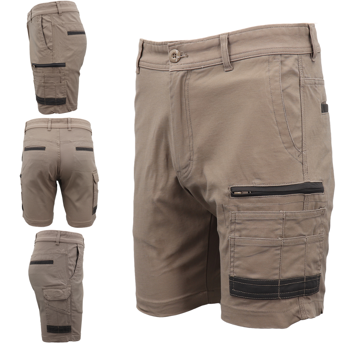 V474-497285-202502241745-00 Mens Cargo Cotton Drill Work Shorts UPF 50+ 13 Pockets Tradies Workwear Trousers, Khaki, 28 - Image 1