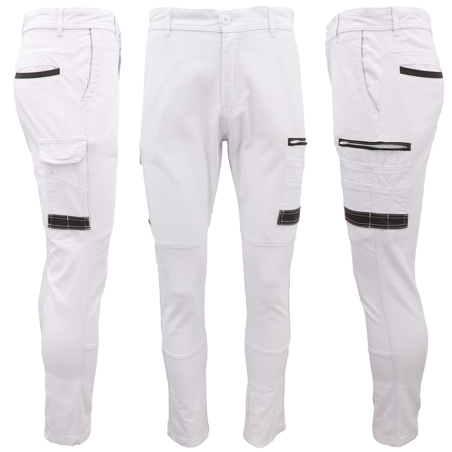 V474-578423-202505281137-00 Men's Cotton Drill Cargo Work Pants UPF 50+ 13 Pockets Tradies Workwear Trousers, White, 36 - Image 1