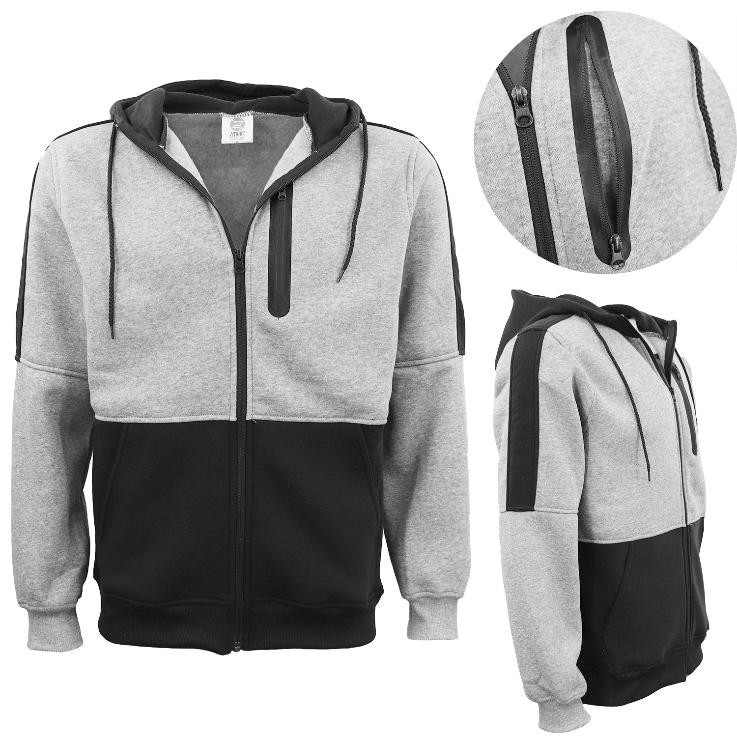 V474-604567-104027-00 Men's Adult Full Zip Hoodie Jumper Active Two-Tone Jacket Coat Sports Zip Pocket, Black, XL - Image 1