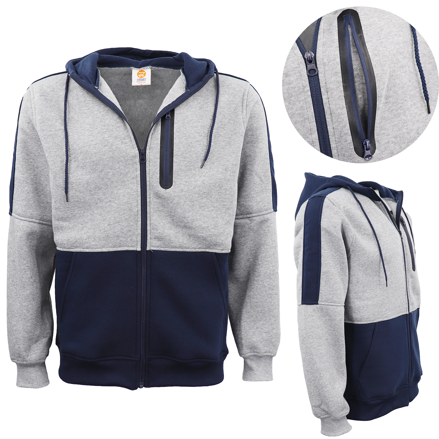 V474-604573-104019-00 Men's Adult Full Zip Hoodie Jumper Active Two-Tone Jacket Coat Sports Zip Pocket, Navy, XL - Image 1