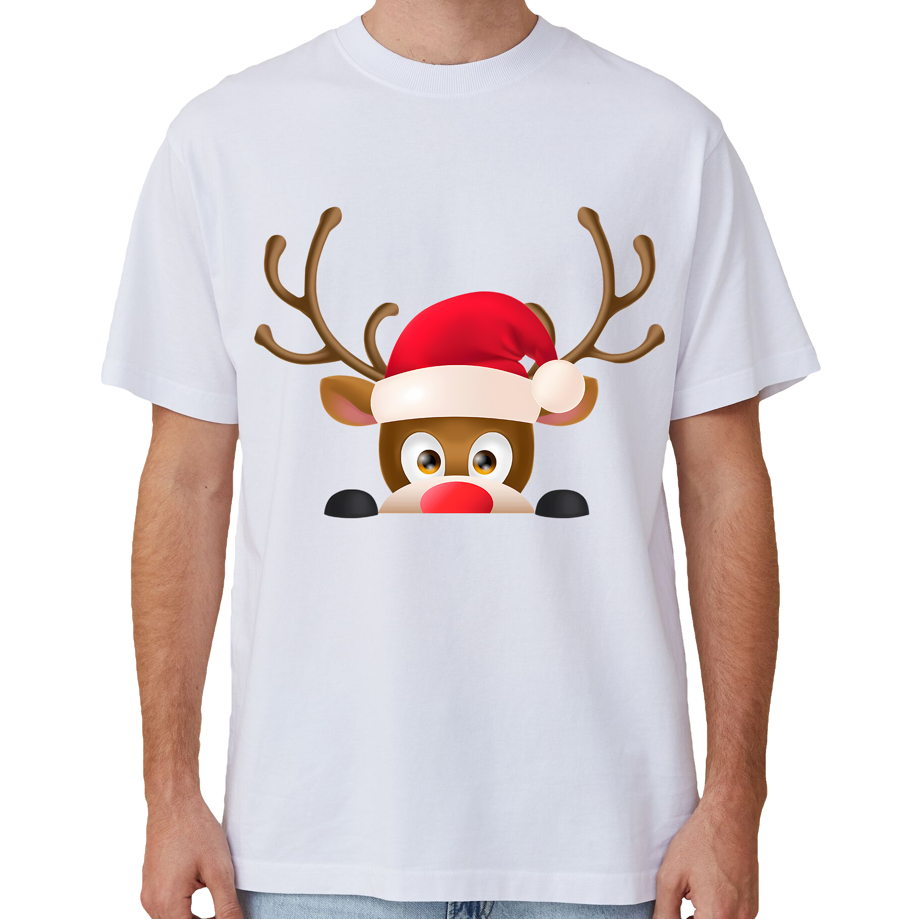 V474-633805-141877-00 100% Cotton Christmas T-shirt Adult Unisex Tee Tops Funny Santa Party Custume, Reindeer Head (White), M - Image 1