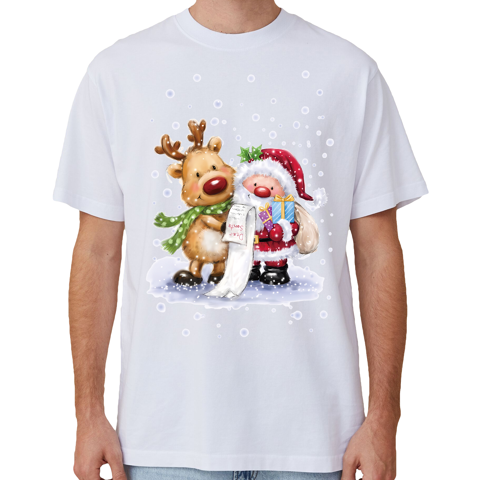 V474-633813-141873-00 100% Cotton Christmas T-shirt Adult Unisex Tee Tops Funny Santa Party Custume, Reading Santa (White), XL - Image 1
