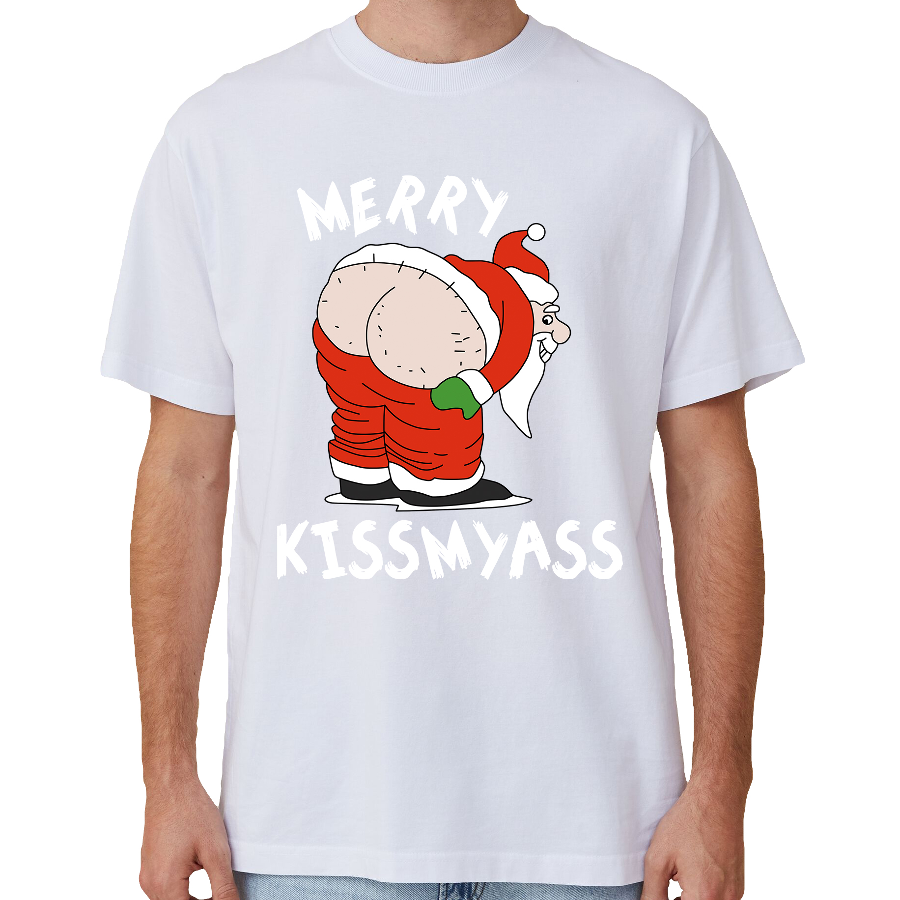 V474-633818-202505081821-00 100% Cotton Christmas T-shirt Adult Unisex Tee Tops Funny Santa Party Custume, Merry Kissmyass (White), L - Image 1