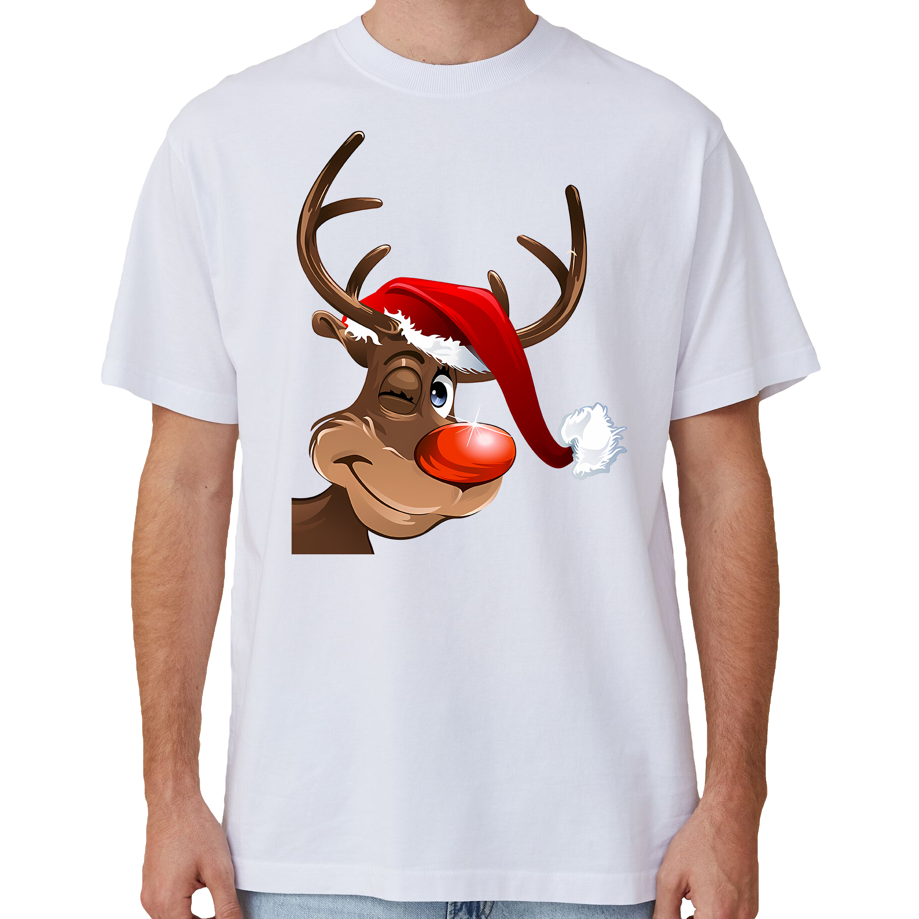 V474-633826-141866-00 100% Cotton Christmas T-shirt Adult Unisex Tee Tops Funny Santa Party Custume, Reindeer Wink (White), 2XL - Image 1