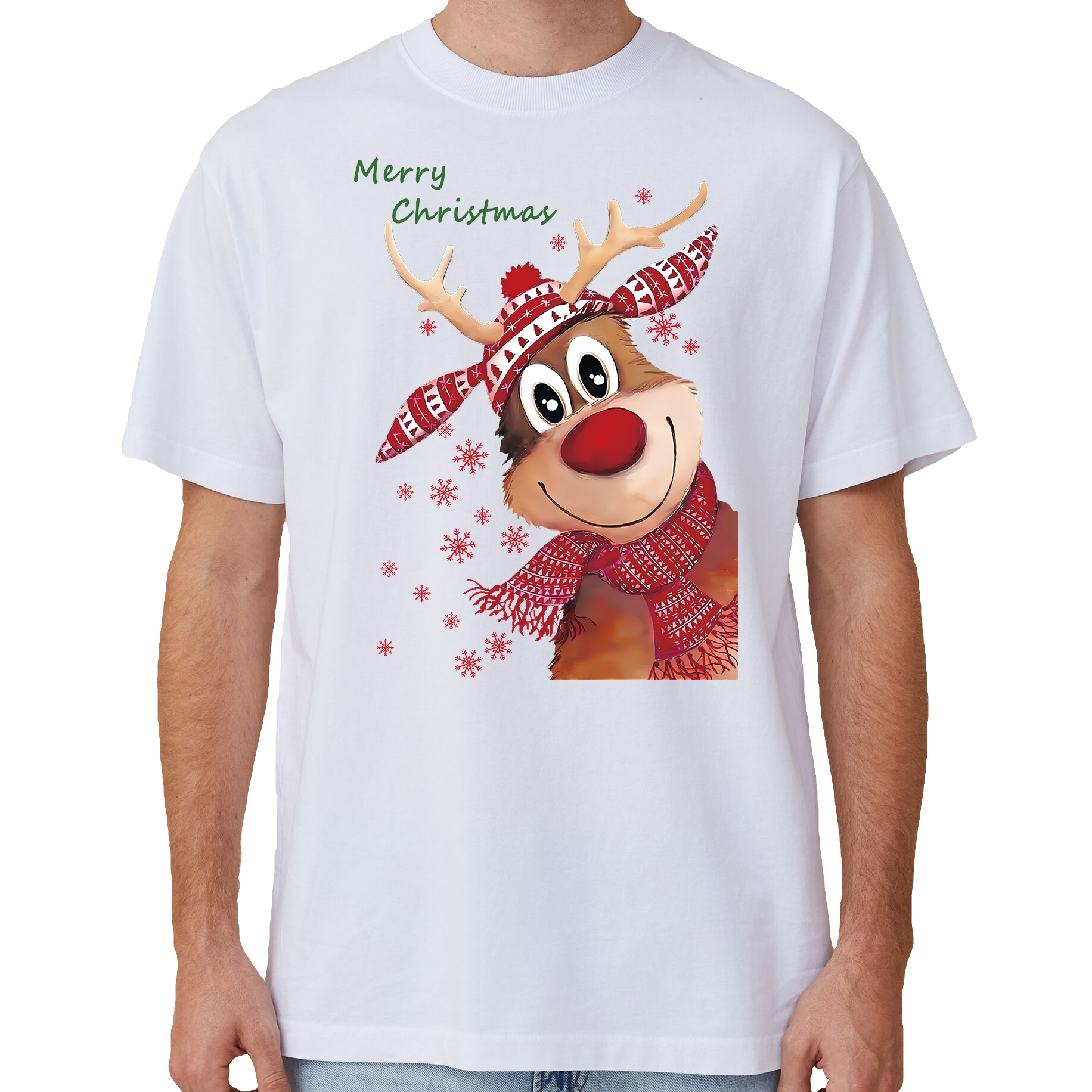 V474-633838-141860-00 100% Cotton Christmas T-shirt Adult Unisex Tee Tops Funny Santa Party Custume, Reindeer (White), 2XL - Image 1