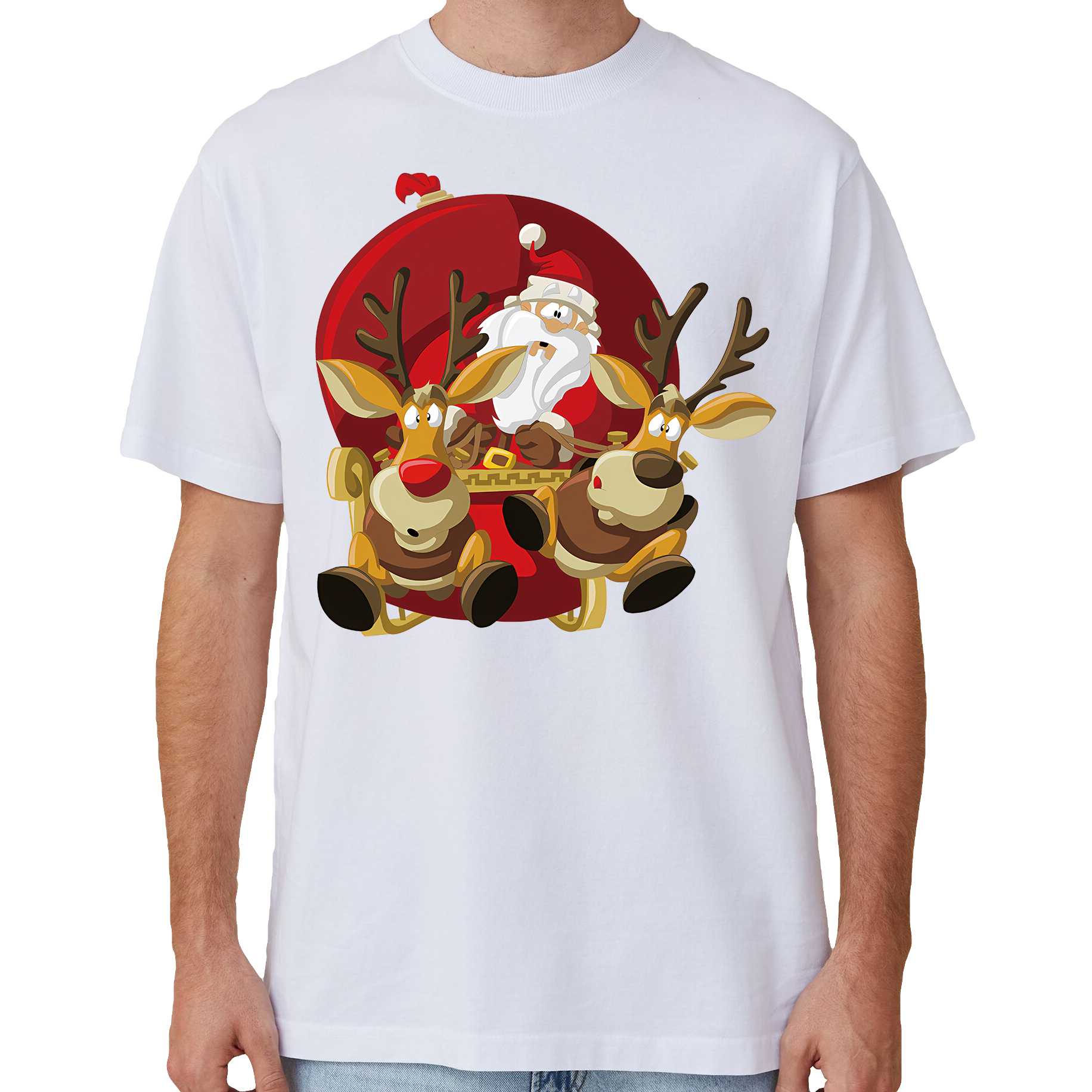 V474-633849-141855-00 100% Cotton Christmas T-shirt Adult Unisex Tee Tops Funny Santa Party Custume, Santas Sleigh (White), XL - Image 1