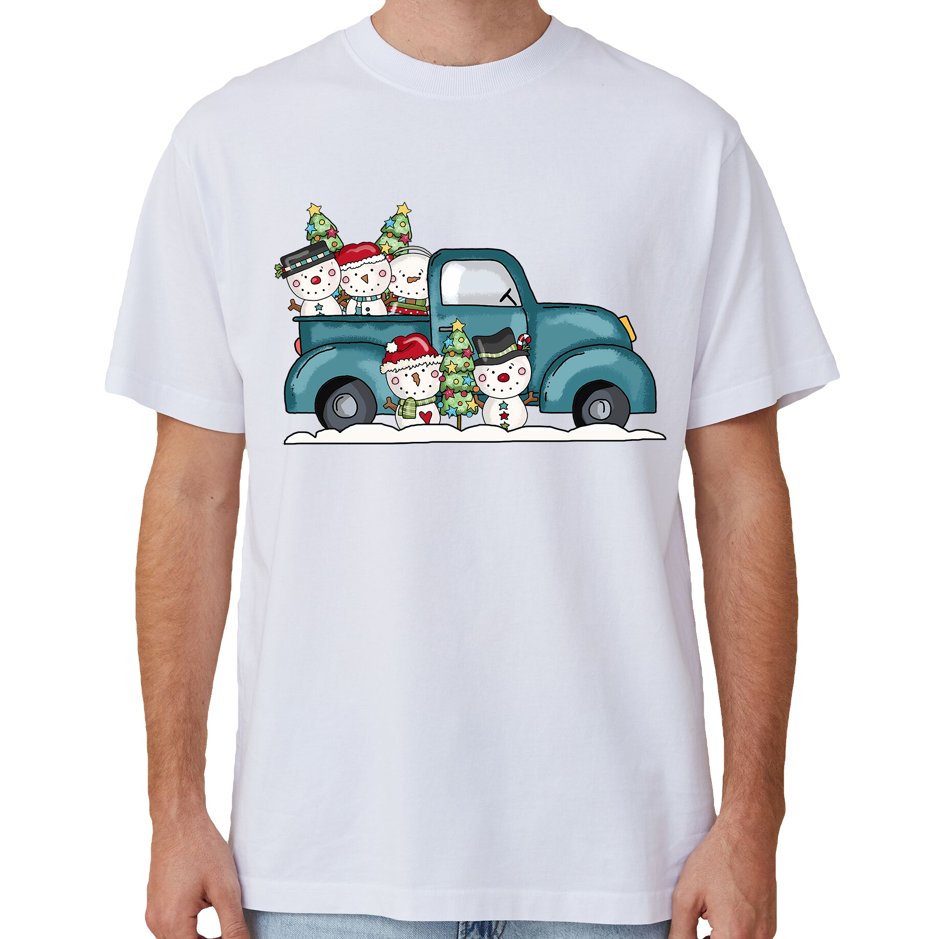V474-633880-202505081822-00 100% Cotton Christmas T-shirt Adult Unisex Tee Tops Funny Santa Party Custume, Car with Snowman (White), L - Image 1