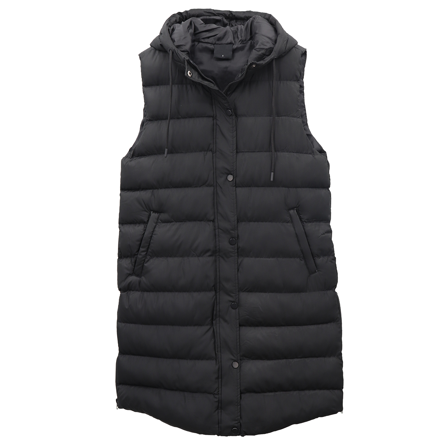 V474-674153-202505281237-00 Women's Longline Padded Vest Hooded Jacket Puffer Puffy Quilted Zip Coat Gilet, Black, 8 - Image 1