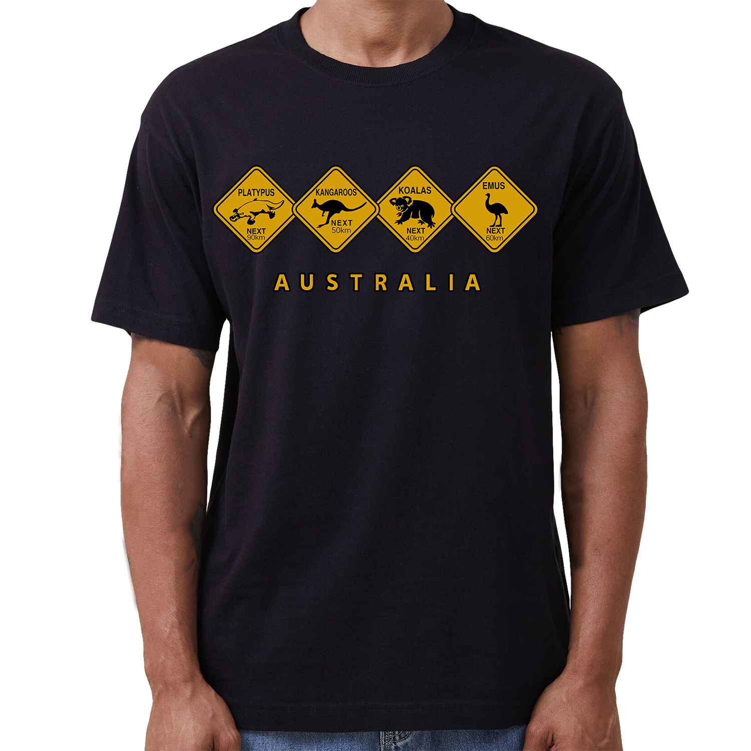 V474-687125-202503211831-00 Adult Unisex 100% Cotton T Shirt Australia Wildlife Road Sign Souvenir Tee Tops, Black, M - Image 1