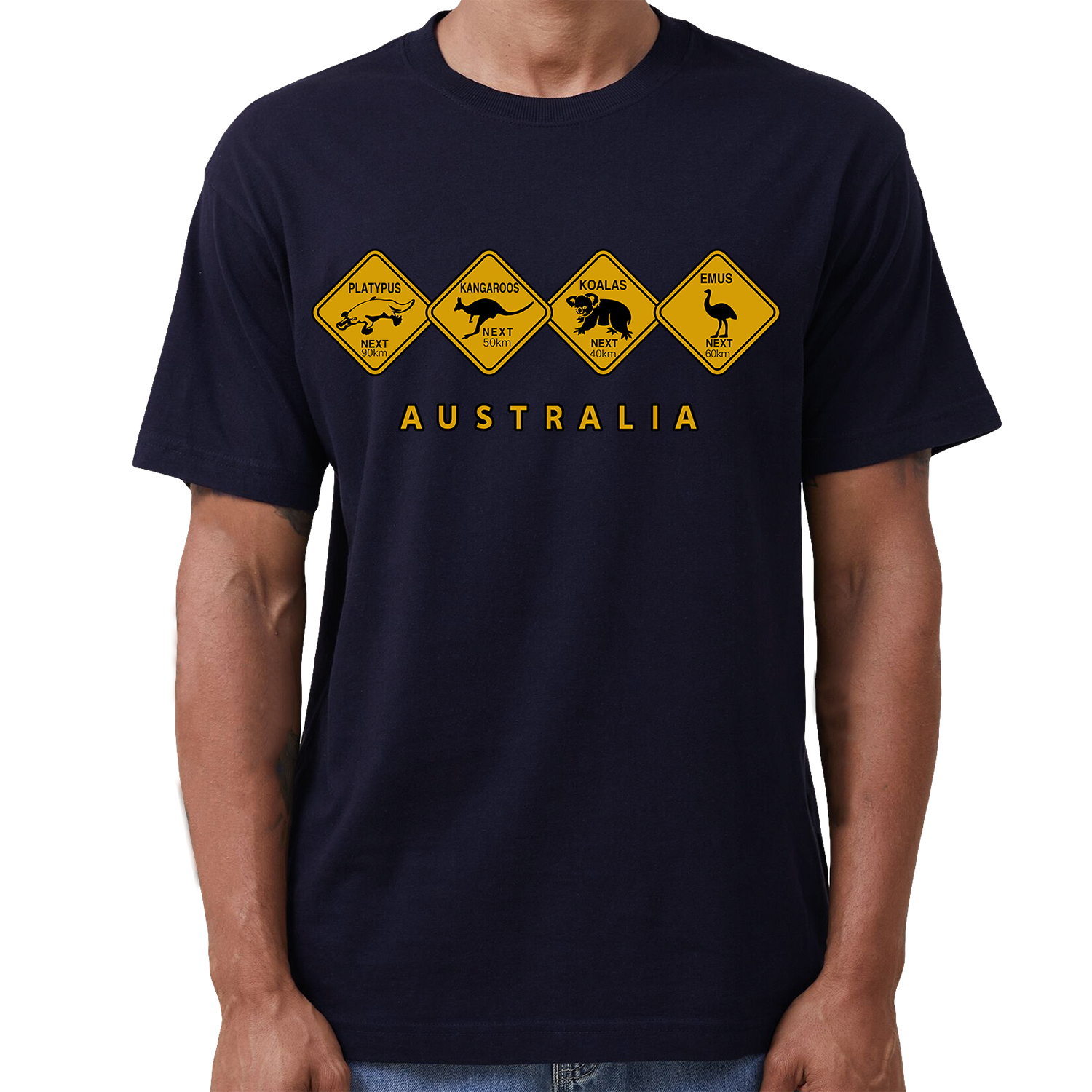 V474-687141-222403-00 Adult Unisex 100% Cotton T Shirt Australia Wildlife Road Sign Souvenir Tee Tops, Navy, 3XL - Image 1
