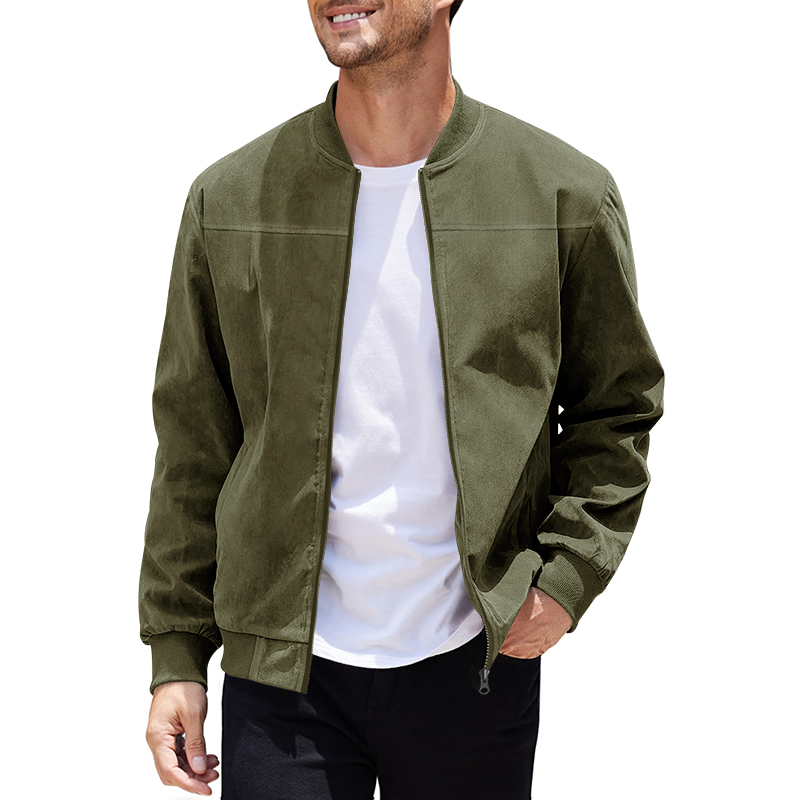 Version 1.0.0 Men's Varsity Bomber Flight Jacket Breathable Windbreaker Zip Coat Faux Leather, Green, L - Image 1