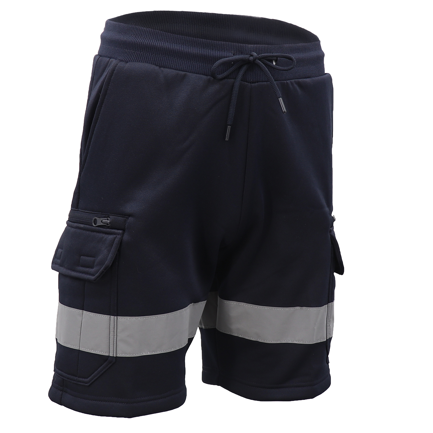 V474-739117-202505281141-00 Hi Vis Fleece Work Cargo Shorts w Reflective Tape Workwear Tradie Utility Pants, Navy, S - Image 1