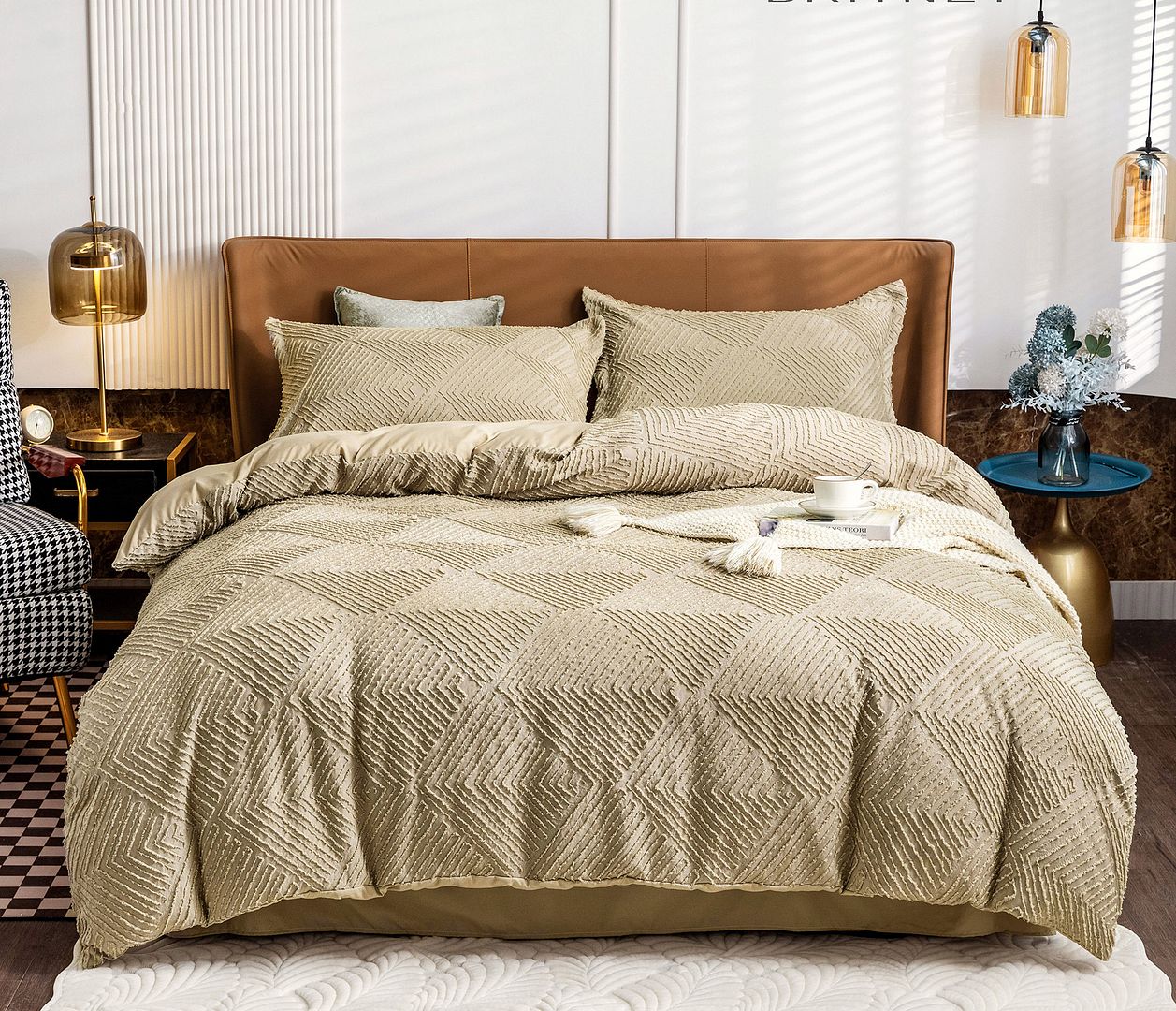 V493-JW-SK-09-202509031133-00 Tufted Textured Jacquard Quilt Cover Set- Beige - Super King Size - Image 1