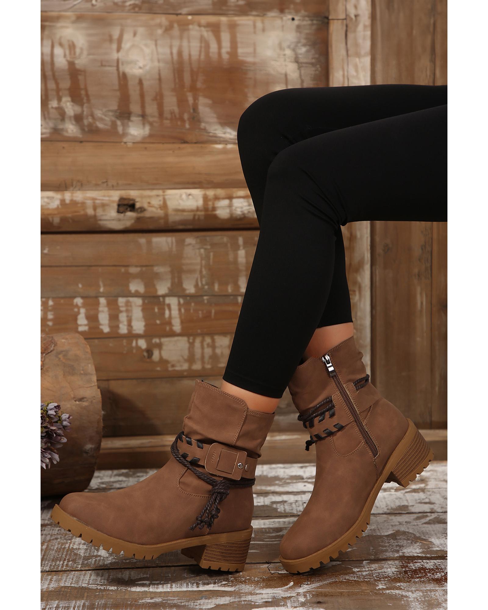 V539-AZEXBH022091-P2017-39-202508271605-00 Chestnut Suede Woven Lace-up Strap Side Zip Boots - 39 EU - Image 1