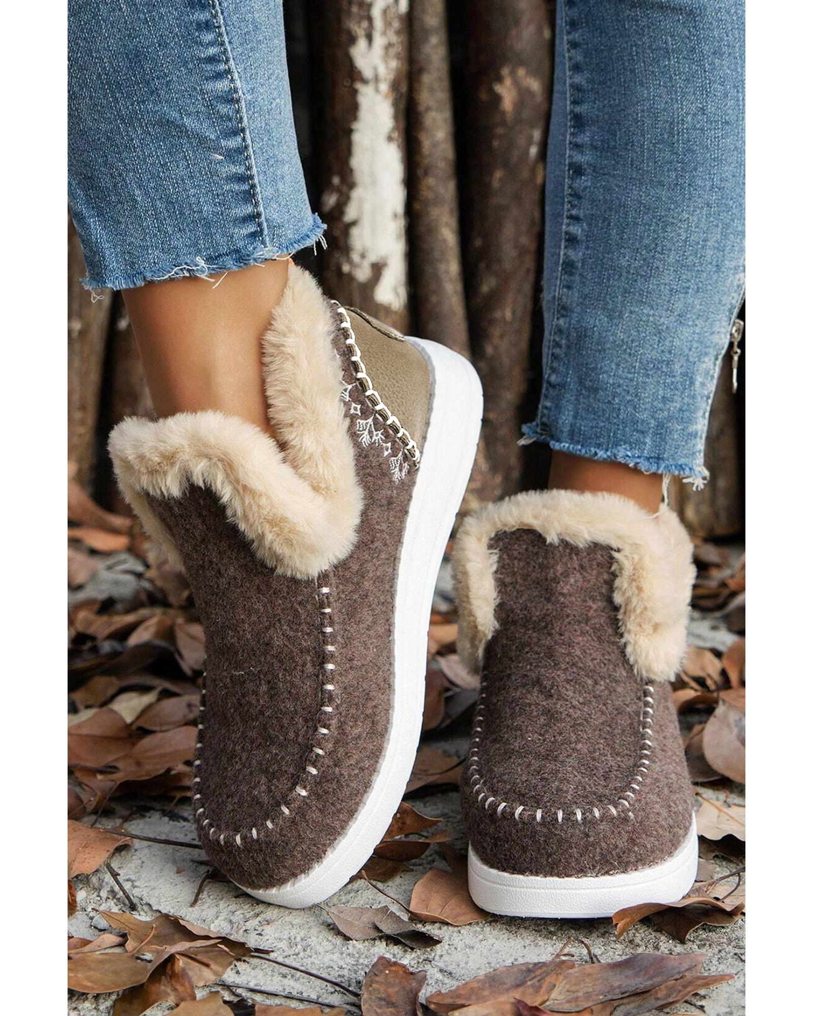 V539-AZEXBH023015-P1017-42-202508270500-00 Coffee Suede Stitching Patchwork Plush Lined Anklet Boots - 42 EU - Image 1