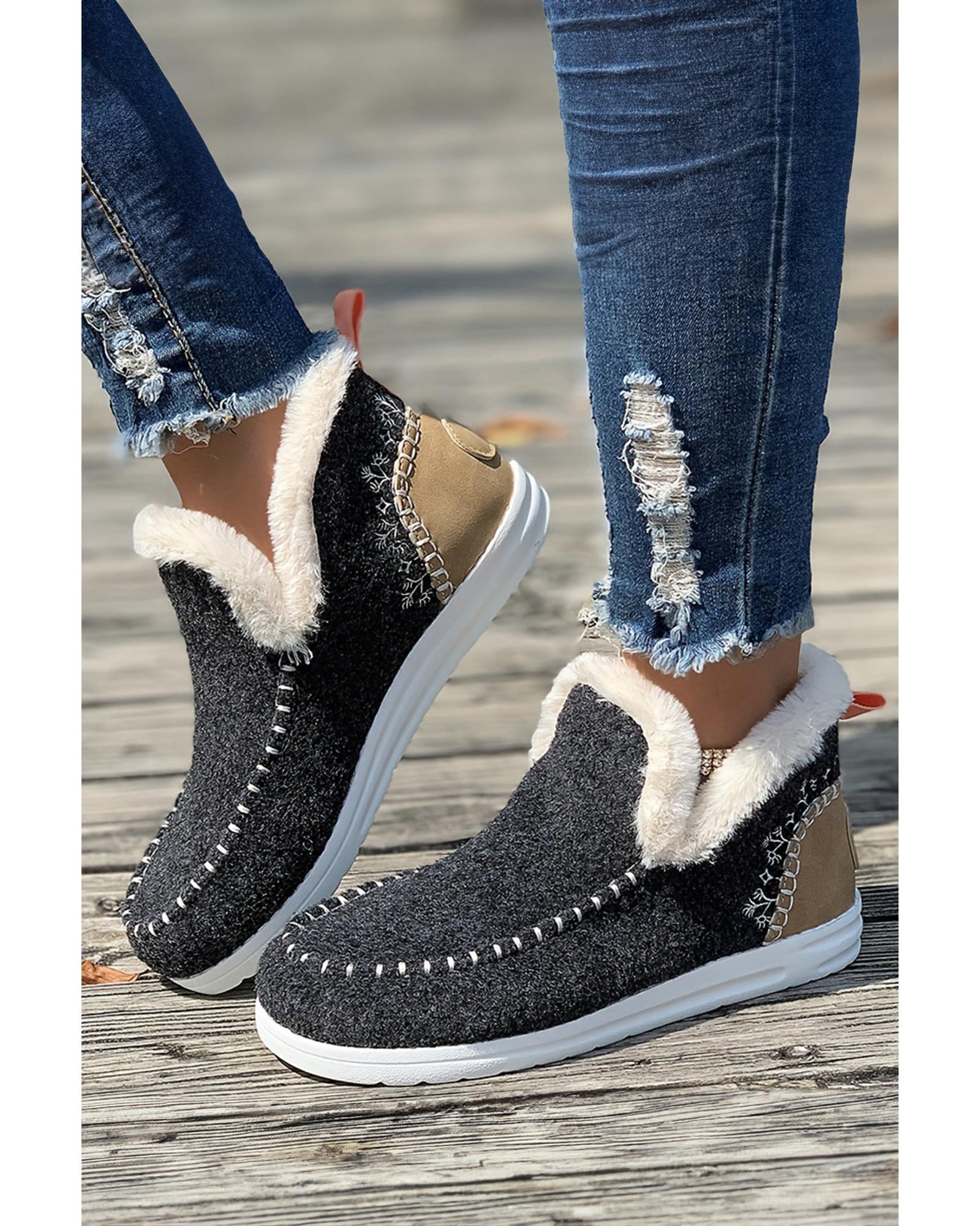 V539-AZEXBH023015-P4011-40-202508270610-00 Carbon Grey Suede Stitching Patchwork Plush Lined Anklet Boots - 40 EU - Image 1