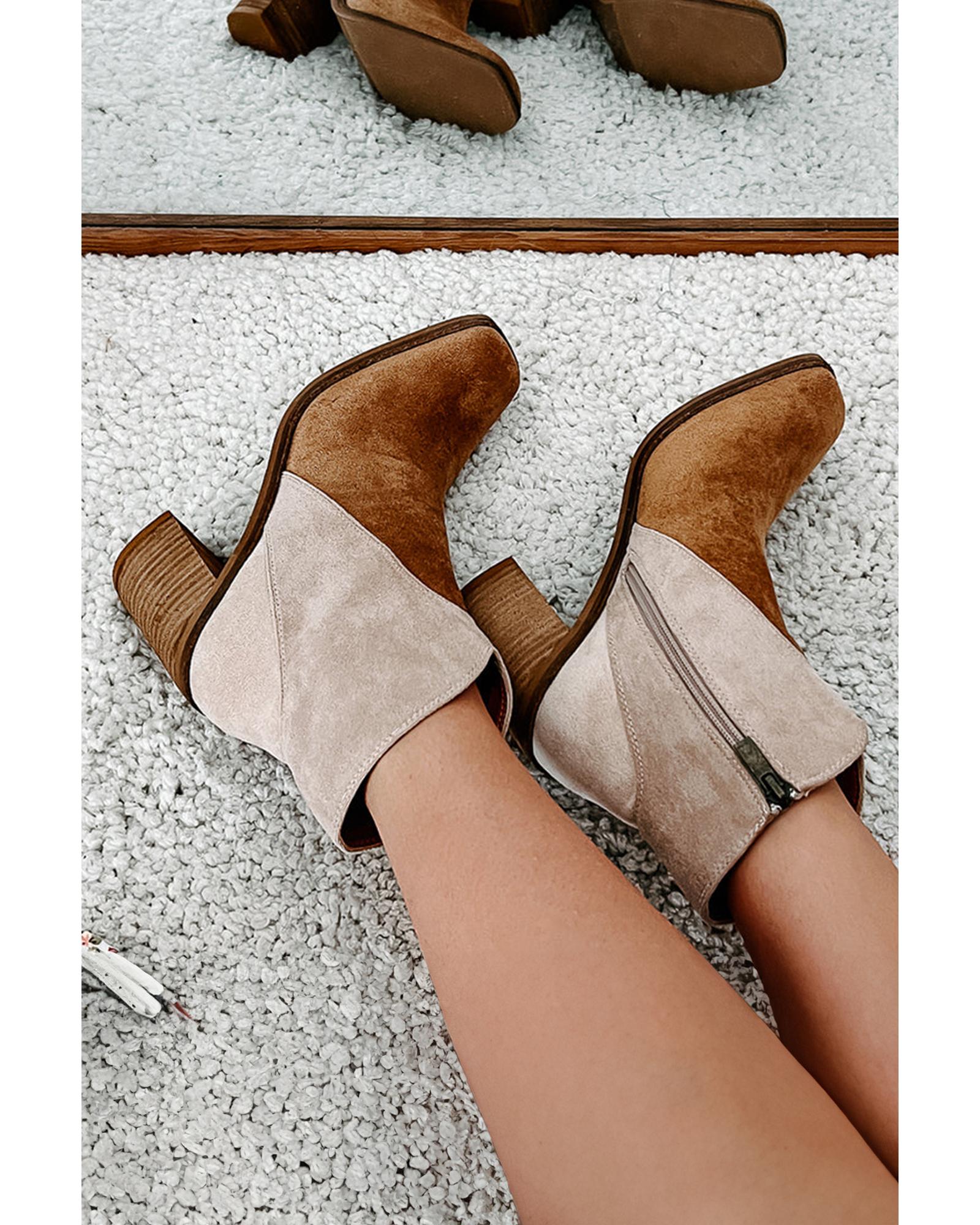 V539-AZEXBH023085-P1016-38-202506111854-00 Camel Two Tone Faux Suede Square Toe Chunky Heel Boots - 38 EU - Image 1