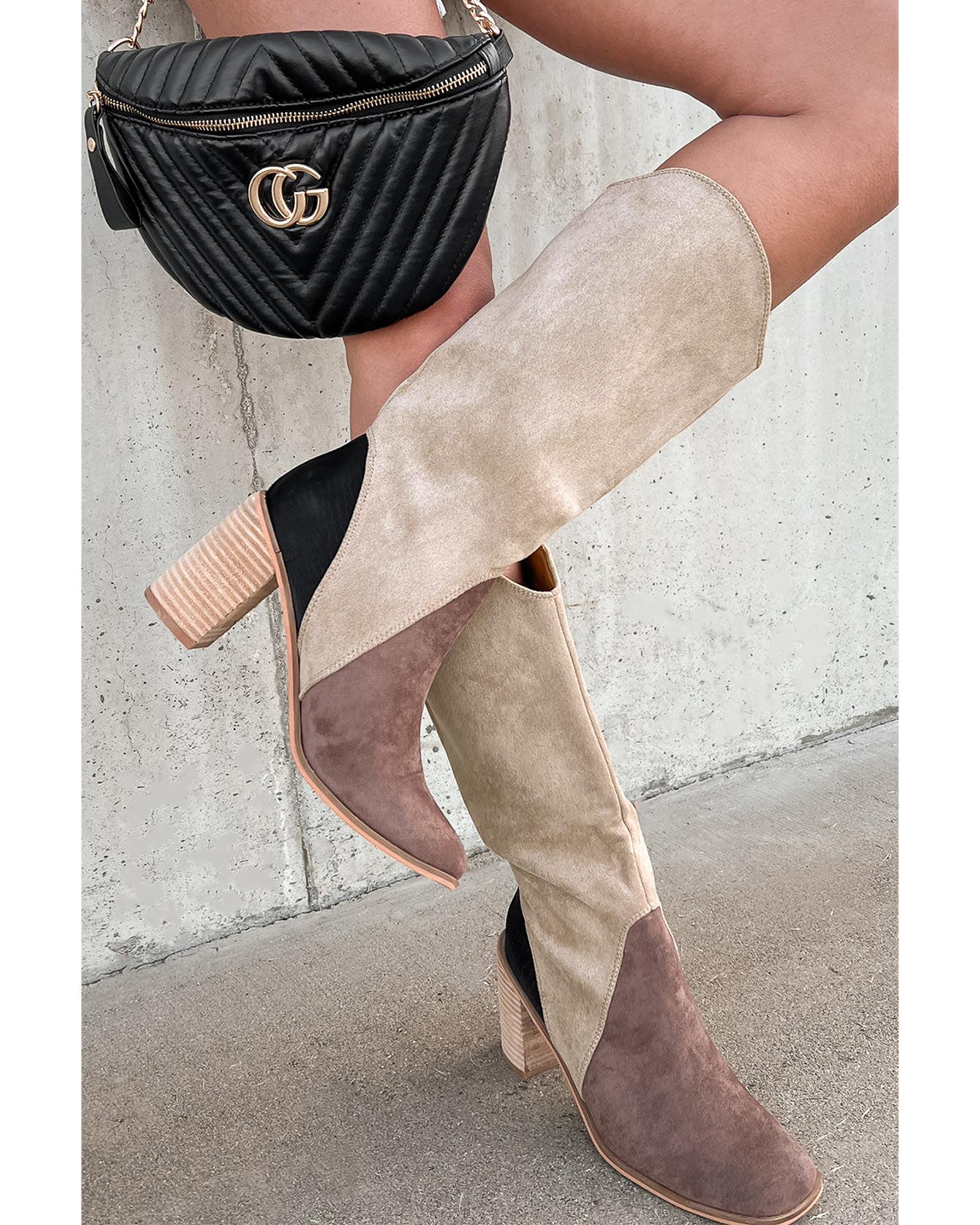 V539-AZEXBH023337-P1017-40-202508272135-00 Coffee Suede Calf Length Chunky Heel Boots - 40 EU - Image 1