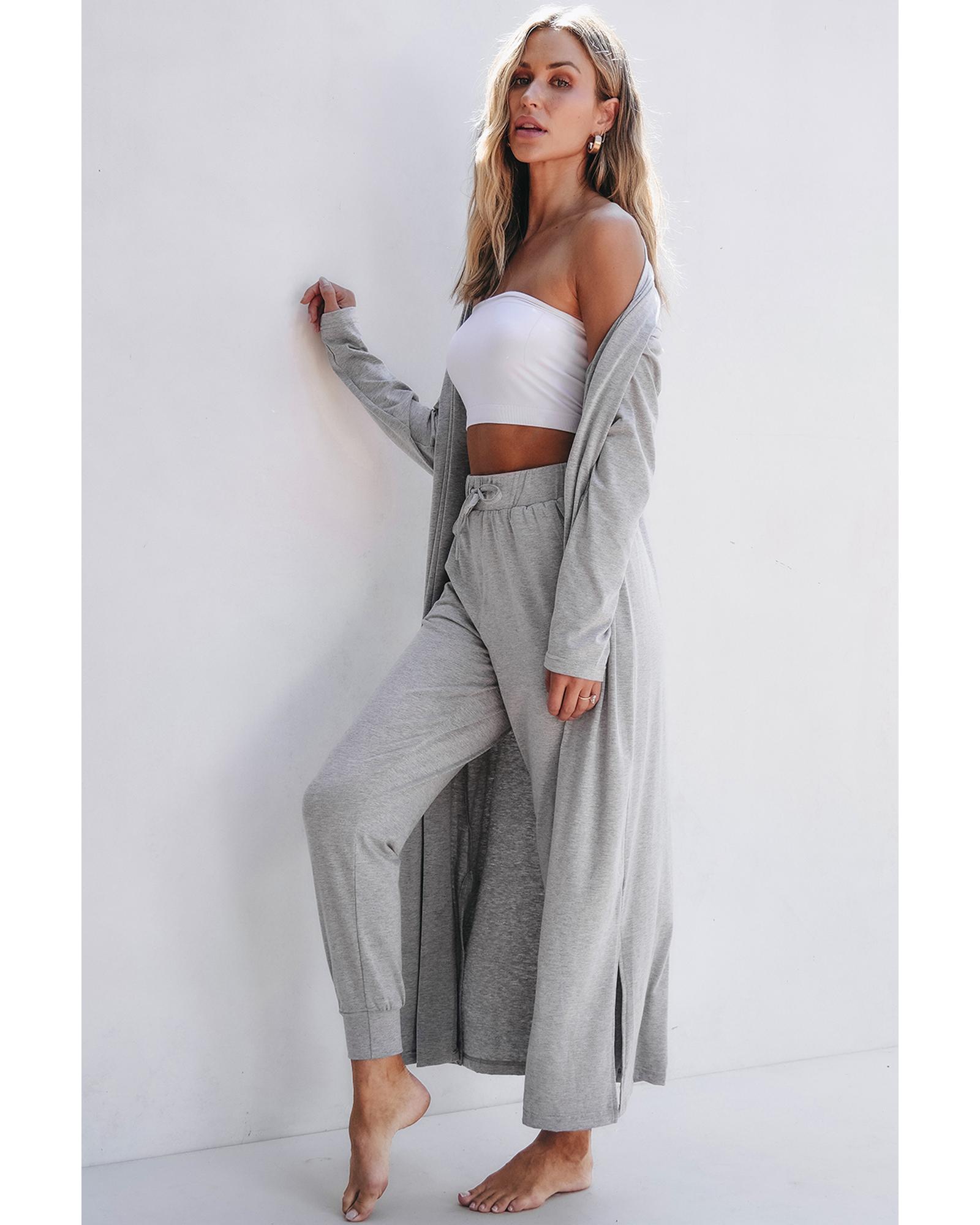 V539-AZEXDC151022-P1011-XL-202508271855-00 Light Grey Split Long Cardigan and Skinny Pants Lounge Set - XL - Image 1