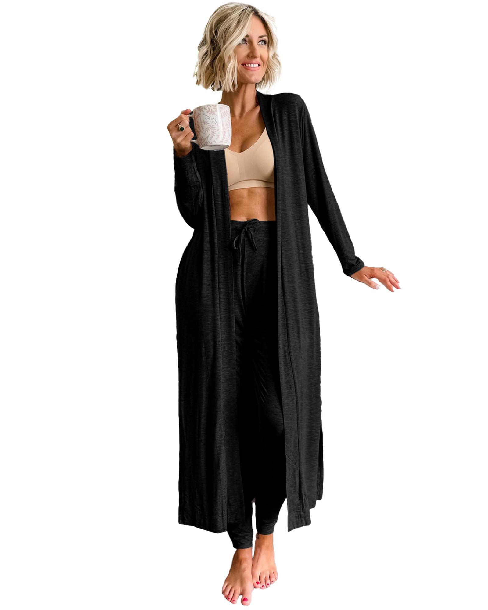 V539-AZEXDC151022-P2-M-202508272200-00 Black Split Long Cardigan and Skinny Pants Lounge Set - M - Image 1