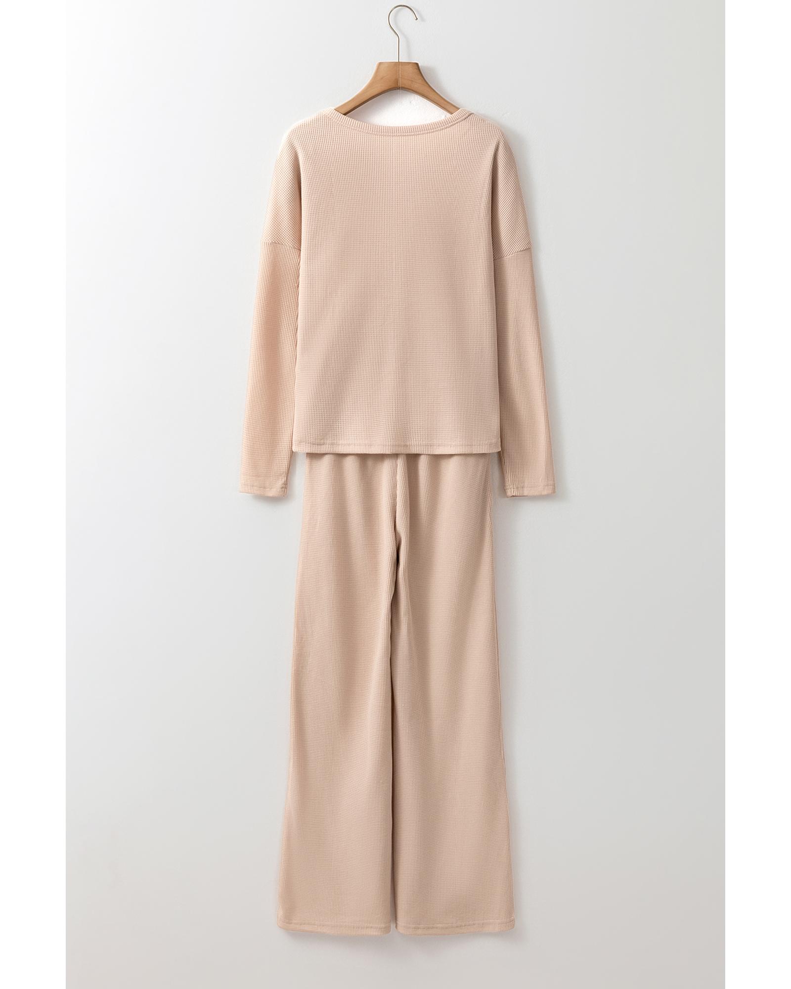 V539-AZEXDC151026-P6016-XL-202508271620-00 Parchment Textured Long Sleeve T Shirt and Pants Lounge Set - XL - Image 1