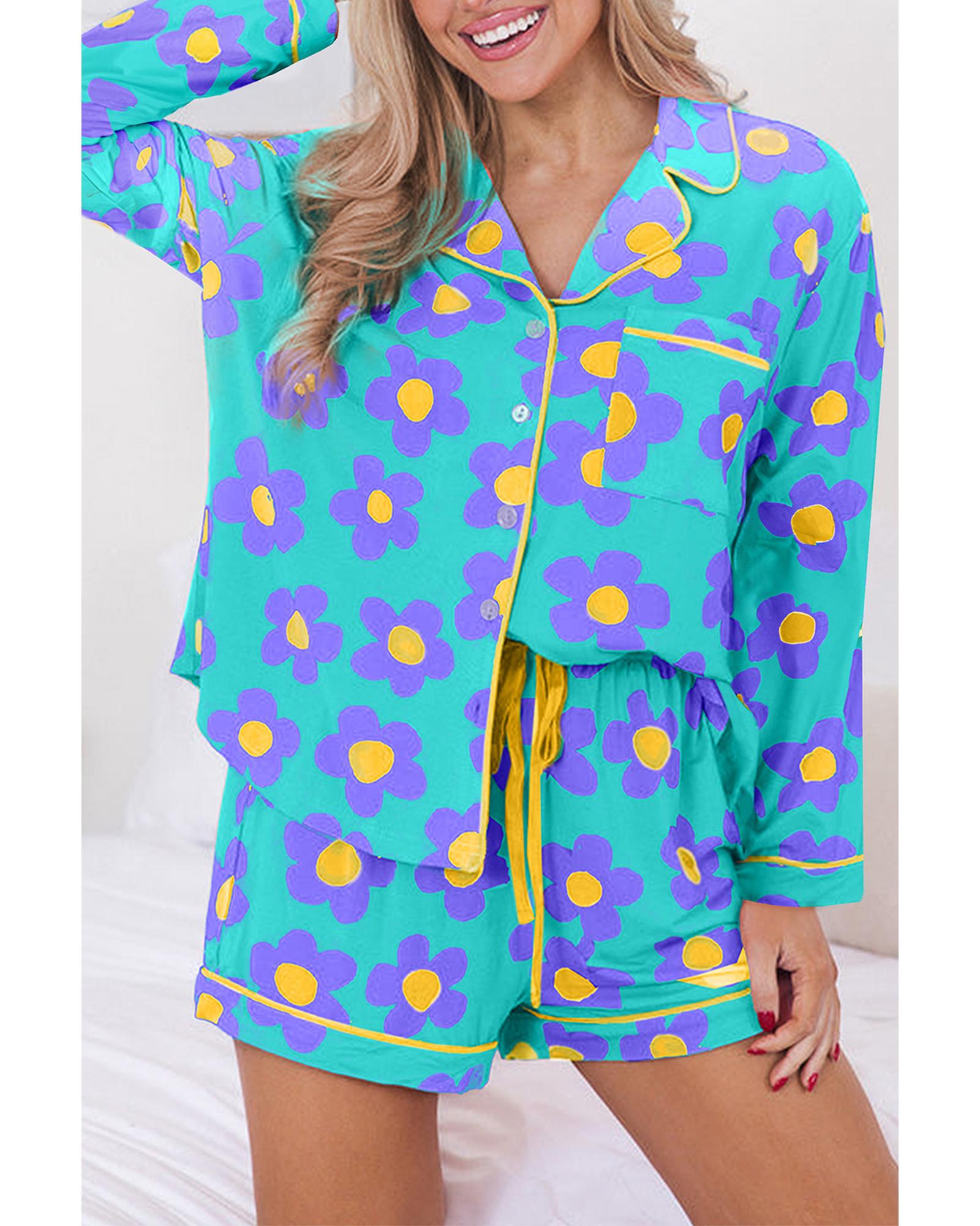 V539-AZEXDC151030-P920-L-202508270930-00 Green Flower Print Long Sleeve Shirt Shorts Pajamas Set - L - Image 1