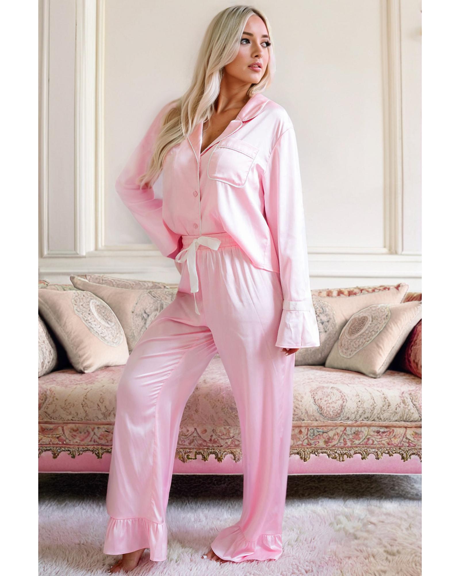 V539-AZEXDC151031-P1010-XL-202508271640-00 Light Pink Satin Knot Accent Shirt and Ruffled Pants Lounge Set - XL - Image 1