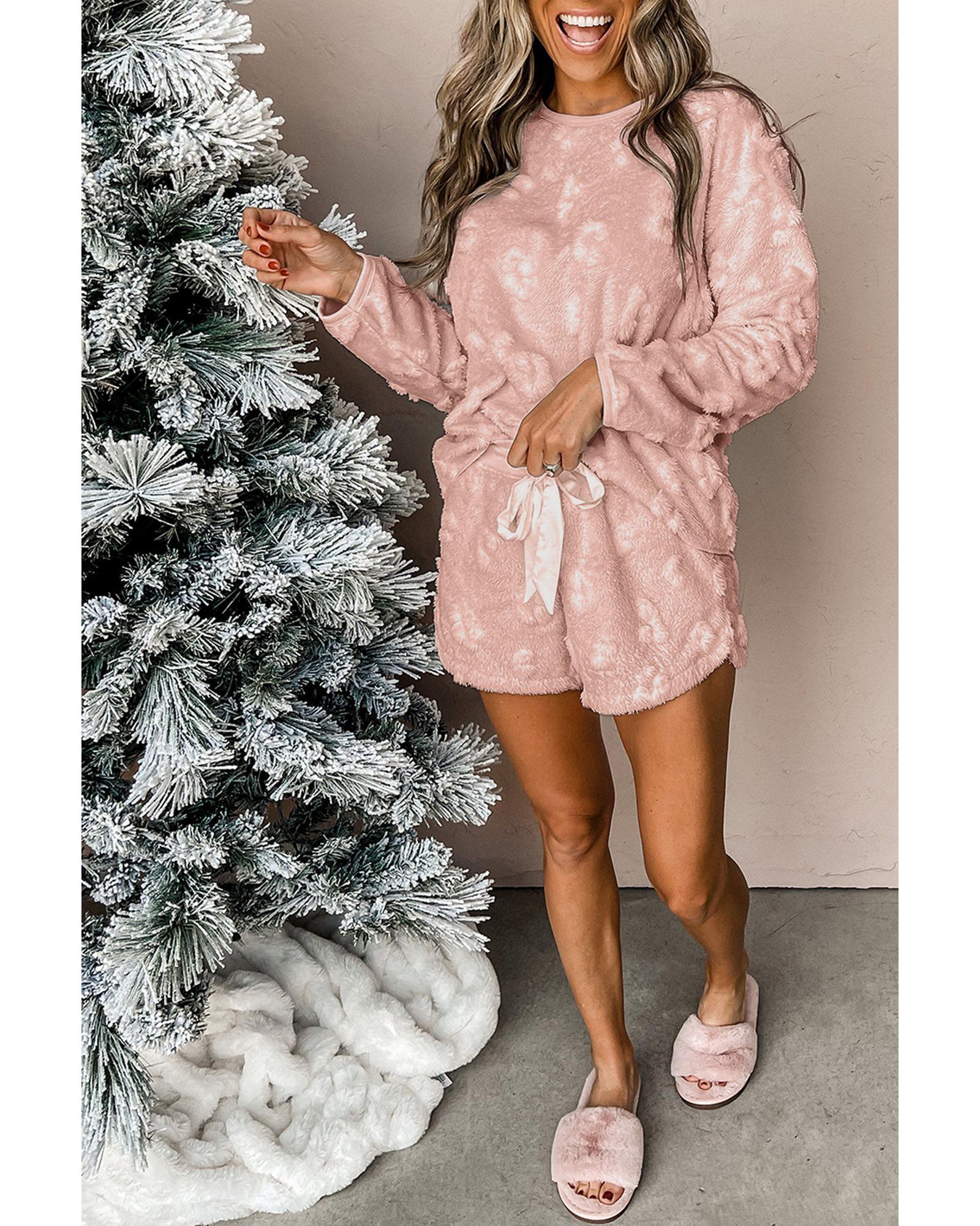 V539-AZEXDC151054-P1010-2XL-202508271820-00 Light Pink Textured Leopard Fleece Loose Two Piece Lounge Set - 2XL - Image 1