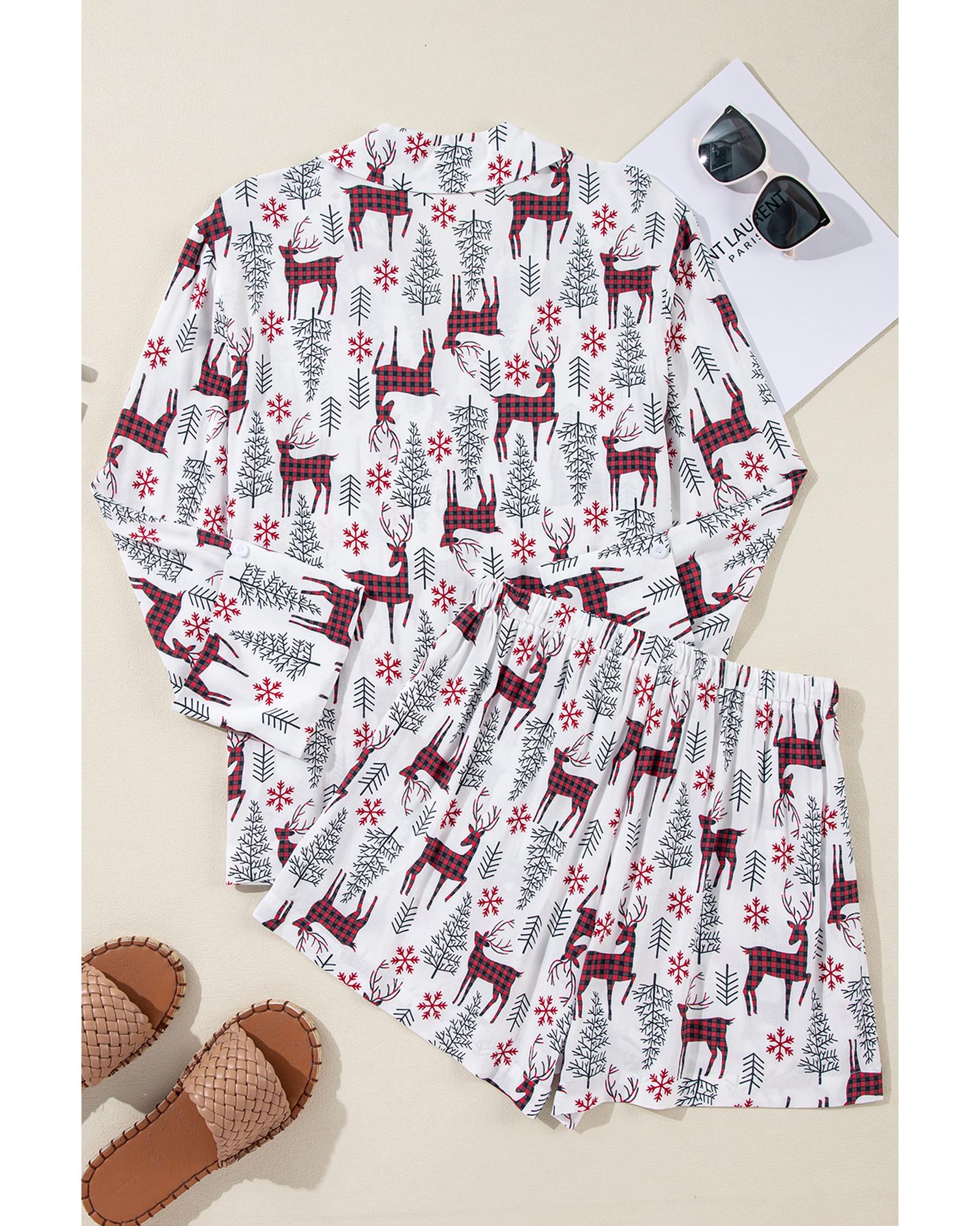 V539-AZEXDC151059-P1-XL-202508270800-00 White Christmas Deer Printed Shirt and Shorts Lounge Set - XL - Image 1