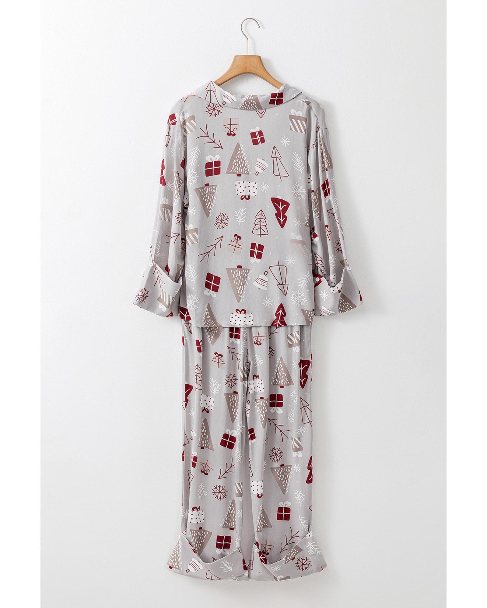 V539-AZEXDC151060-P1011-M-202508271110-00 Light Grey Christmas Printed Shirt and Pants Pajama Set - M - Image 1
