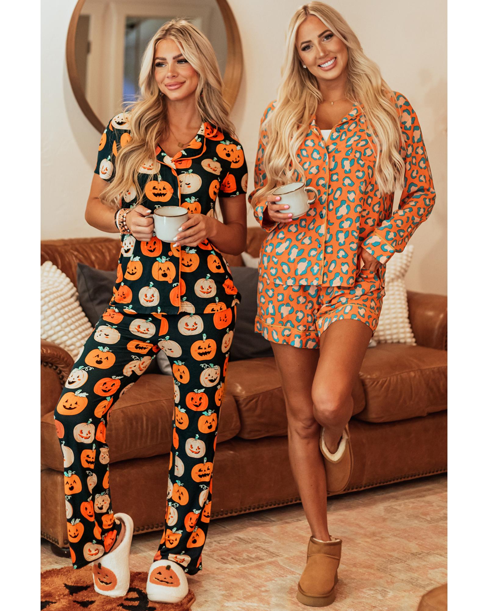 V539-AZEXDC151065-P1420-S-202506112310-00 Orange Halloween Pattern Short Sleeve Shirt Pajama Set - S - Image 1