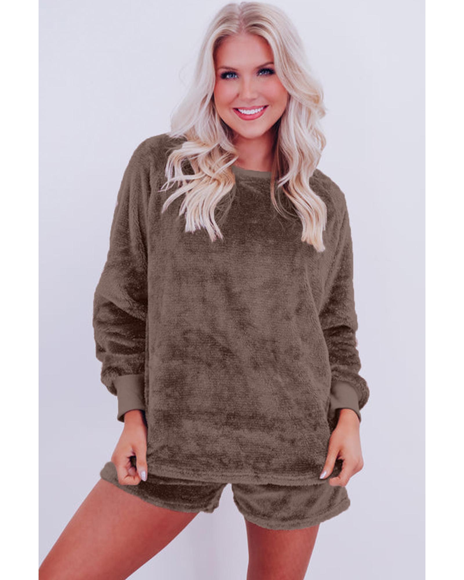 V539-AZEXDC151068-P1017-XL-202508270220-00 Coffee Solid Loose Fit Two Piece Fleece Lounge Set - XL - Image 1